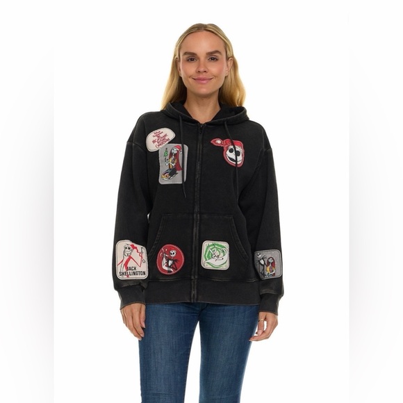 The Nightmare Begore Christmas Tops - Women’s Black The Nightmare Before Christmas Full Zip Hoodie w/character Patches